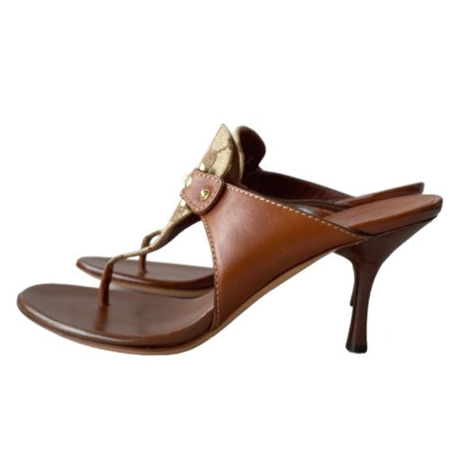 NEW GUCCI Beige GG Monogram Canvas Brown Leather Horsebit Thong Heels, Size 35