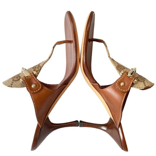 NEW GUCCI Beige GG Monogram Canvas Brown Leather Horsebit Thong Heels, Size 35