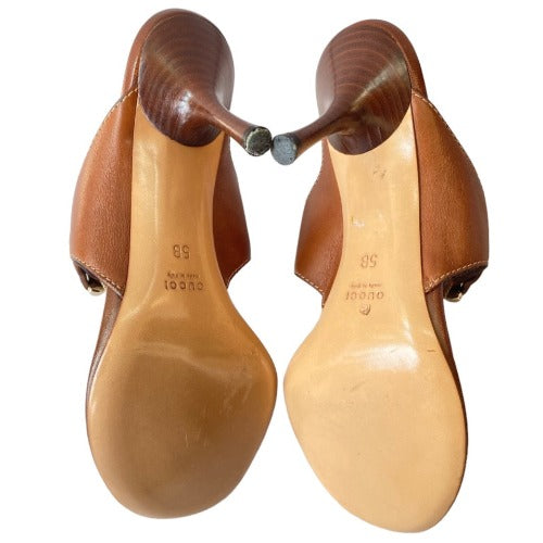 NEW GUCCI Beige GG Monogram Canvas Brown Leather Horsebit Thong Heels, Size 35