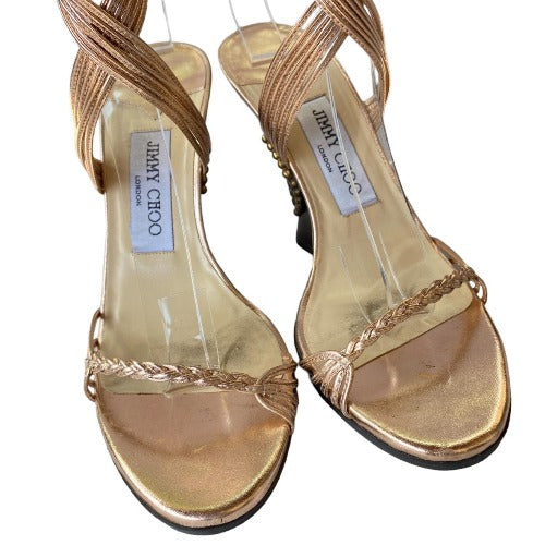 JIMMY CHOO Copper Gold Metallic Nappa Ankle Strap Wedge Sandals, Size 36