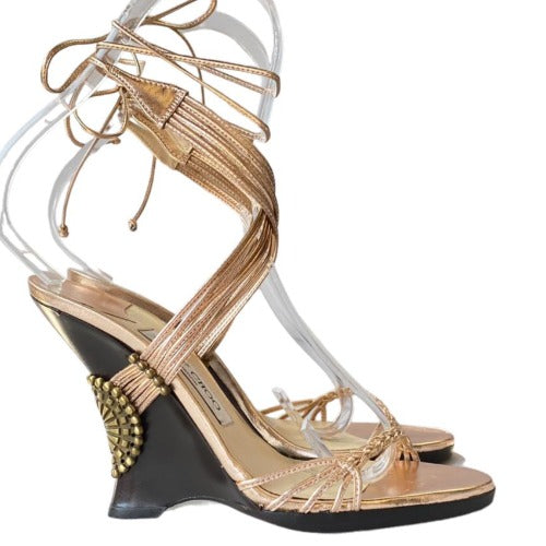 JIMMY CHOO Copper Gold Metallic Nappa Ankle Strap Wedge Sandals, Size 36