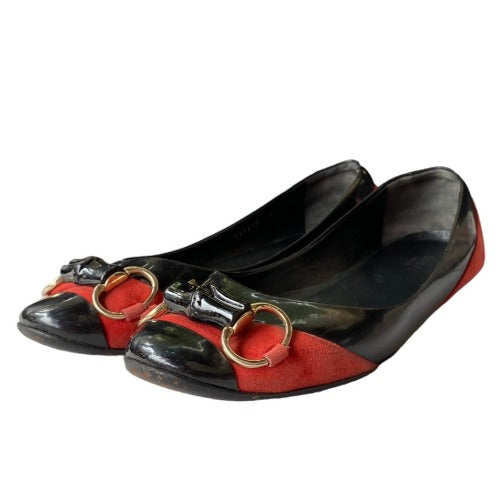 GUCCI Black Patent Leather Red Suede Bamboo Horsebit Ballerina Flats, Size 38.5