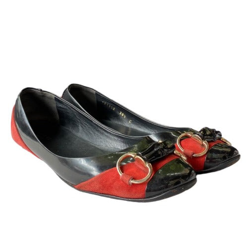 GUCCI Black Patent Leather Red Suede Bamboo Horsebit Ballerina Flats, Size 38.5