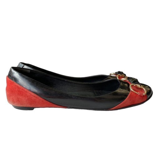 GUCCI Black Patent Leather Red Suede Bamboo Horsebit Ballerina Flats, Size 38.5