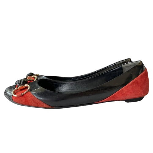 GUCCI Black Patent Leather Red Suede Bamboo Horsebit Ballerina Flats, Size 38.5