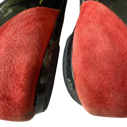GUCCI Black Patent Leather Red Suede Bamboo Horsebit Ballerina Flats, Size 38.5