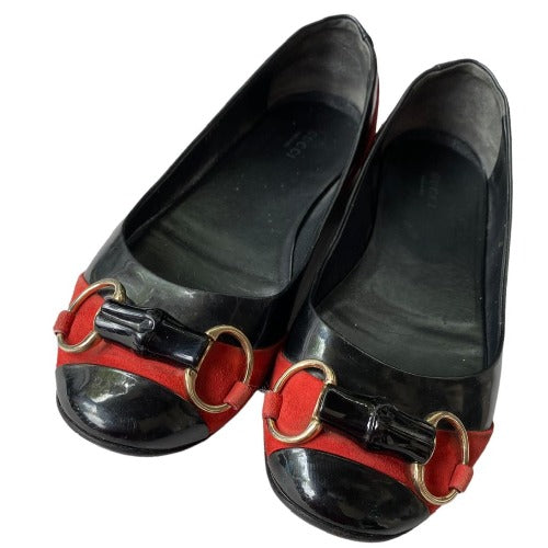 GUCCI Black Patent Leather Red Suede Bamboo Horsebit Ballerina Flats, Size 38.5