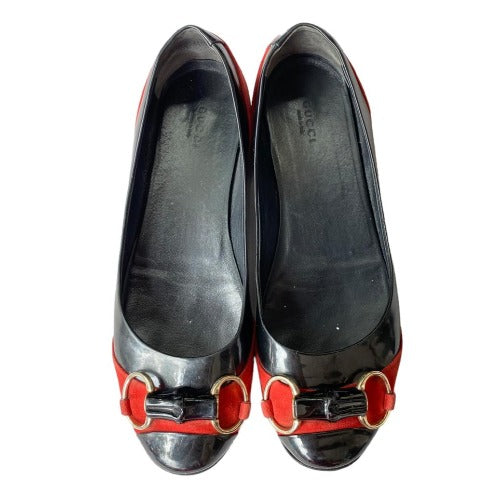GUCCI Black Patent Leather Red Suede Bamboo Horsebit Ballerina Flats, Size 38.5