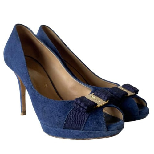 SALVATORE FERRAGAMO Navy Suede Vara Bow Peep Toe Pumps, Size 39