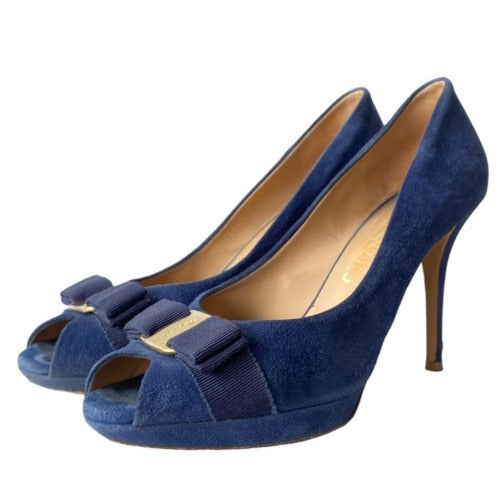 SALVATORE FERRAGAMO Navy Suede Vara Bow Peep Toe Pumps, Size 39