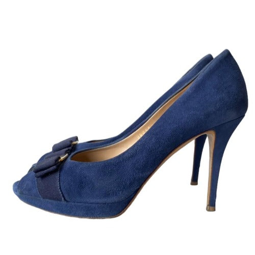SALVATORE FERRAGAMO Navy Suede Vara Bow Peep Toe Pumps, Size 39