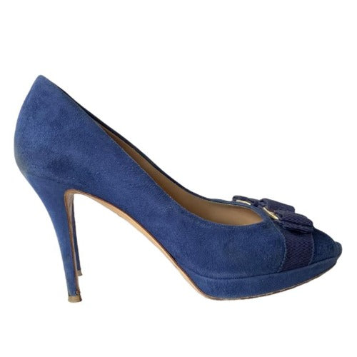 SALVATORE FERRAGAMO Navy Suede Vara Bow Peep Toe Pumps, Size 39