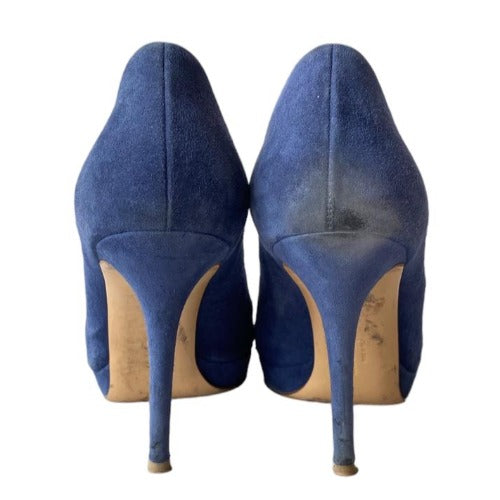 SALVATORE FERRAGAMO Navy Suede Vara Bow Peep Toe Pumps, Size 39