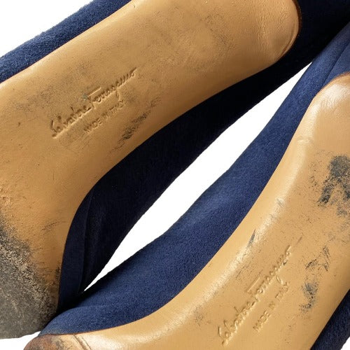 SALVATORE FERRAGAMO Navy Suede Vara Bow Peep Toe Pumps, Size 39