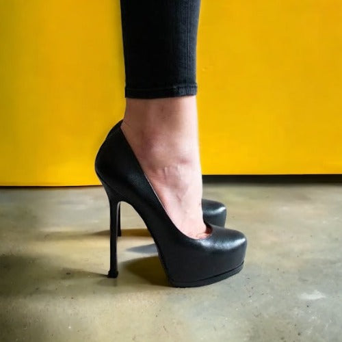 DOLCE & GABBANA Black Leather, Leopard Print Insole Platform Heels Pumps Size 38