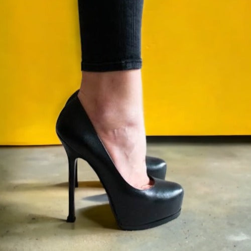 YSL YVES SAINT LAURENT Black Leather Tribtoo Tribute Platform Pumps Size 37.5