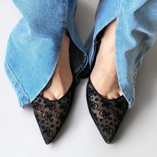 GIORGIO ARMANI Black Mesh Slingback Gold Heels Pointed Toe Pumps, Size 38.5