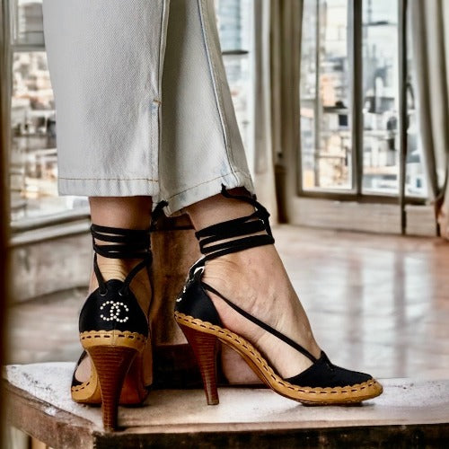 CHANEL Black Satin Interlocking Pearl CC Logo Lace Up  D'Orsay Sandals Size 37.5