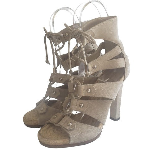 GUCCI Jasmine Beige Suede Lace Up Espadrille Heeled Sandals, Size 36.5