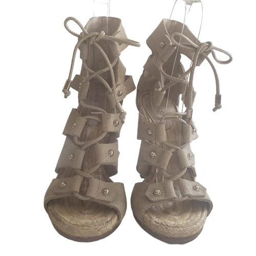 GUCCI Jasmine Beige Suede Lace Up Espadrille Heeled Sandals, Size 36.5