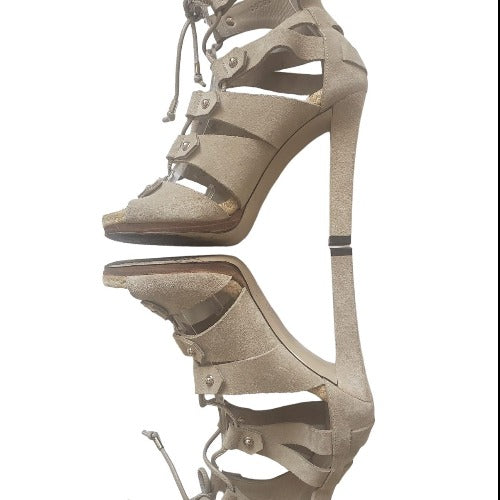 GUCCI Jasmine Beige Suede Lace Up Espadrille Heeled Sandals, Size 36.5