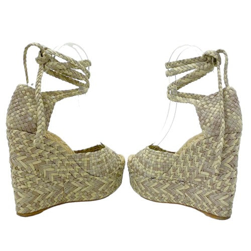 HERMES Earth Tones Braided Leather Ankle Strap Wedges Sandals, Size 40