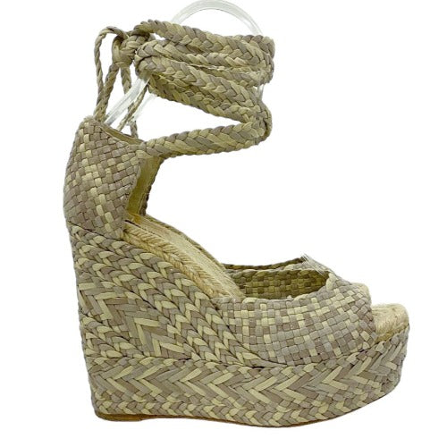 HERMES Earth Tones Braided Leather Ankle Strap Wedges Sandals, Size 40