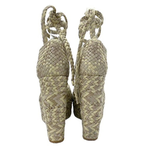 HERMES Earth Tones Braided Leather Ankle Strap Wedges Sandals, Size 40