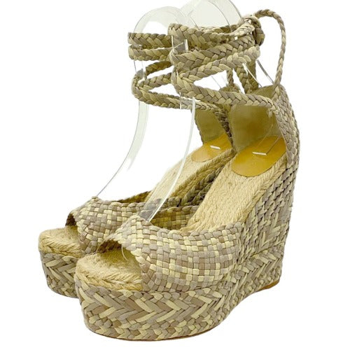 HERMES Earth Tones Braided Leather Ankle Strap Wedges Sandals, Size 40