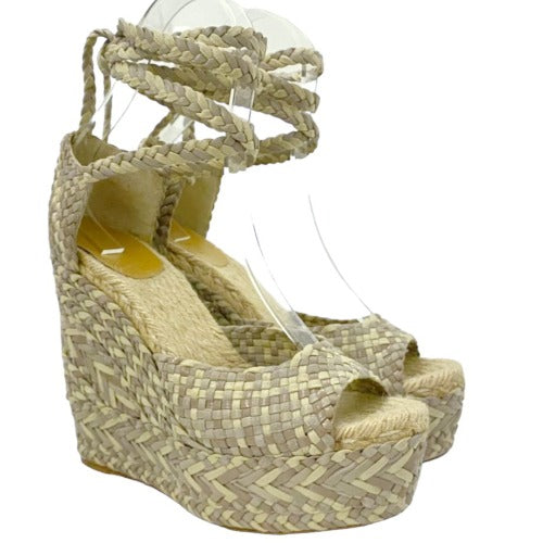 HERMES Earth Tones Braided Leather Ankle Strap Wedges Sandals, Size 40