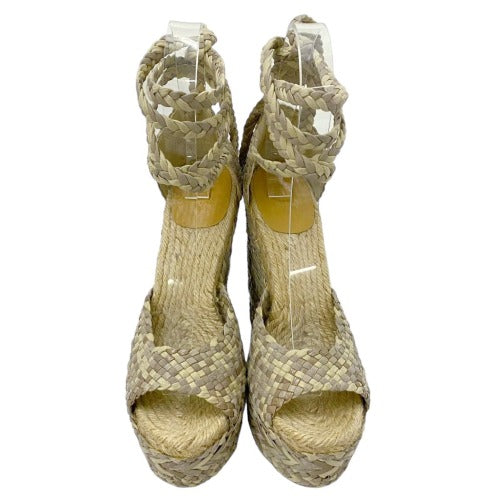HERMES Earth Tones Braided Leather Ankle Strap Wedges Sandals, Size 40