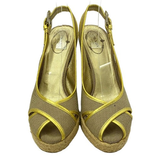 PRADA Beige & Gold Canvas Criss Cross Slingback Espadrille Wedge Sandals, 38.5