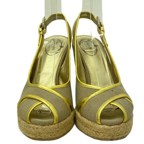PRADA Beige & Gold Canvas Criss Cross Slingback Espadrille Wedge Sandals, 38.5