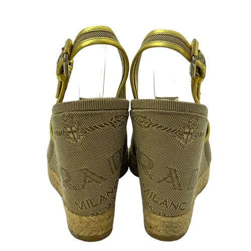 PRADA Beige & Gold Canvas Criss Cross Slingback Espadrille Wedge Sandals, 38.5