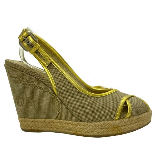 PRADA Beige & Gold Canvas Criss Cross Slingback Espadrille Wedge Sandals, 38.5