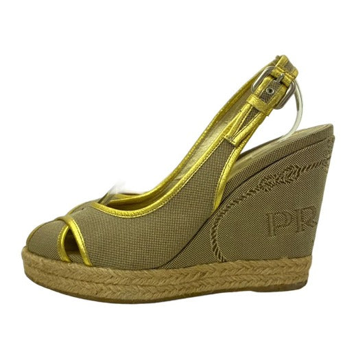 PRADA Beige & Gold Canvas Criss Cross Slingback Espadrille Wedge Sandals, 38.5