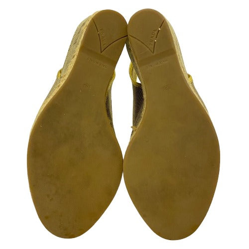 PRADA Beige & Gold Canvas Criss Cross Slingback Espadrille Wedge Sandals, 38.5