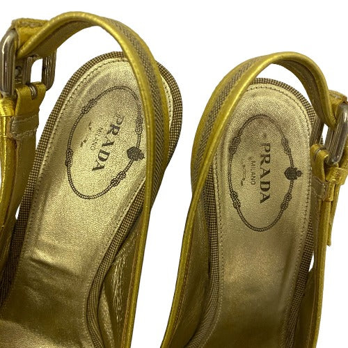 PRADA Beige & Gold Canvas Criss Cross Slingback Espadrille Wedge Sandals, 38.5