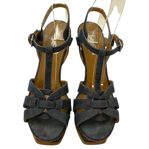 YSL YVES SAINT LAURENT Blue Denim Tribute T Strap Platform Sandals, Size 37