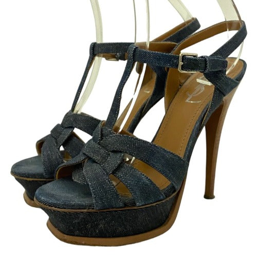 YSL YVES SAINT LAURENT Blue Denim Tribute T Strap Platform Sandals, Size 37