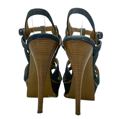 YSL YVES SAINT LAURENT Blue Denim Tribute T Strap Platform Sandals, Size 37