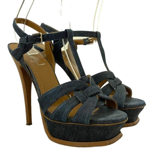 YSL YVES SAINT LAURENT Blue Denim Tribute T Strap Platform Sandals, Size 37