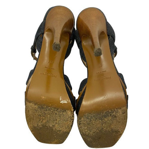 YSL YVES SAINT LAURENT Blue Denim Tribute T Strap Platform Sandals, Size 37