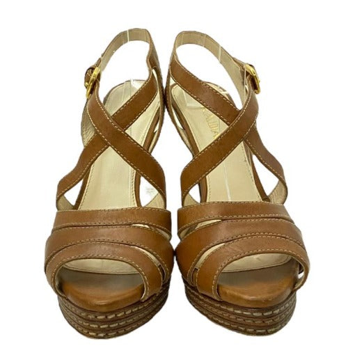 PRADA Brown Leather Strappy Slingback Stitched Platform Sandals, Size 37
