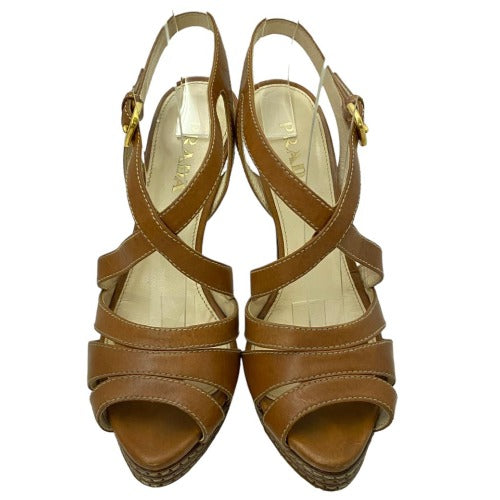 PRADA Brown Leather Strappy Slingback Stitched Platform Sandals, Size 37