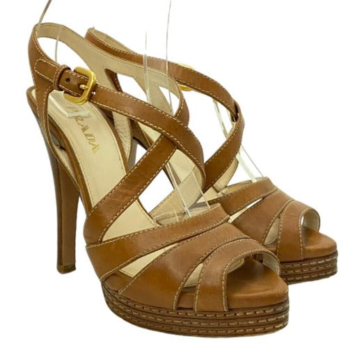 PRADA Brown Leather Strappy Slingback Stitched Platform Sandals, Size 37