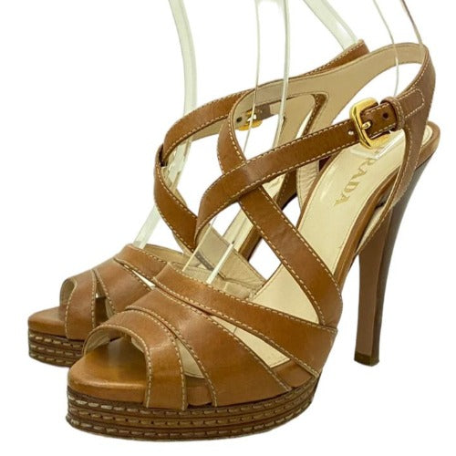 PRADA Brown Leather Strappy Slingback Stitched Platform Sandals, Size 37