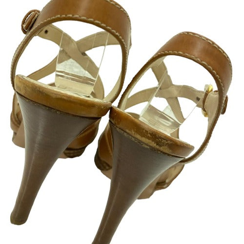 PRADA Brown Leather Strappy Slingback Stitched Platform Sandals, Size 37