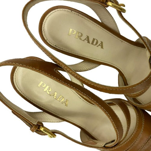 PRADA Brown Leather Strappy Slingback Stitched Platform Sandals, Size 37