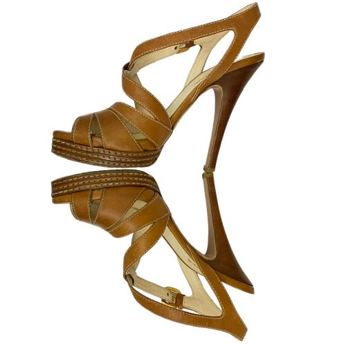 PRADA Brown Leather Strappy Slingback Stitched Platform Sandals, Size 37